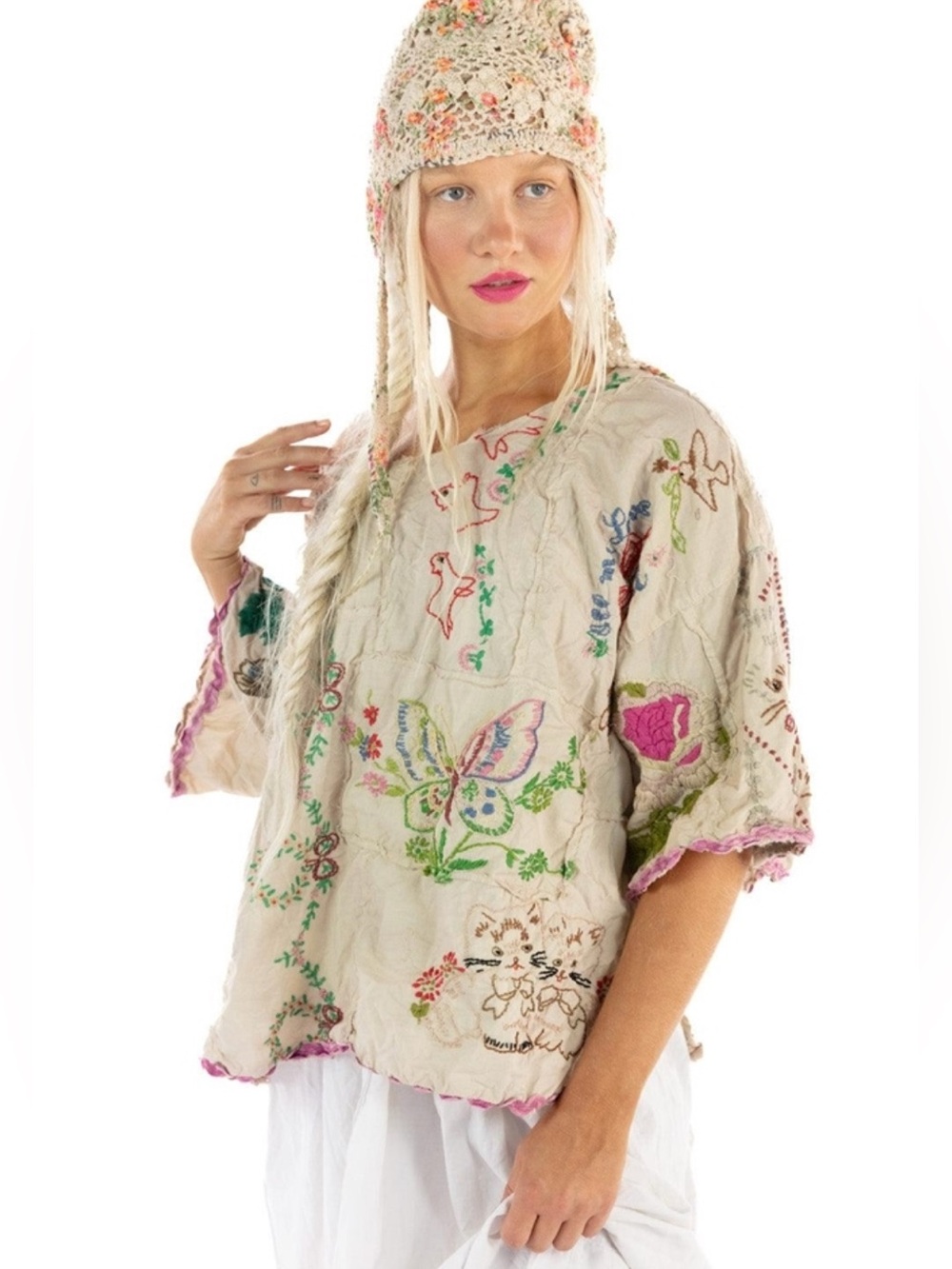 RARE Magnolia pearl Matilda top patchwork cotton embroidered kitty floral whimsy